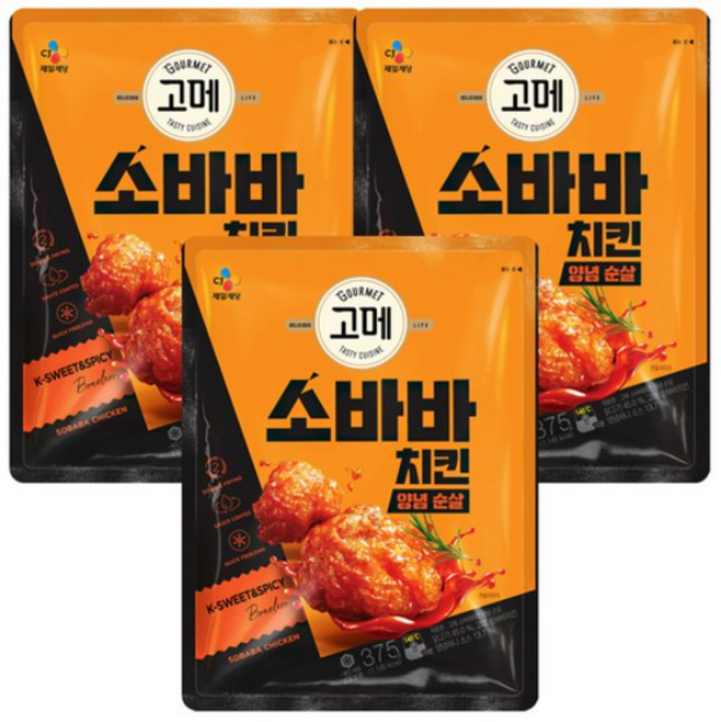 2+1 CJ 고메 소바바치킨 양념치킨 순살 375g x 총 3봉, 3개