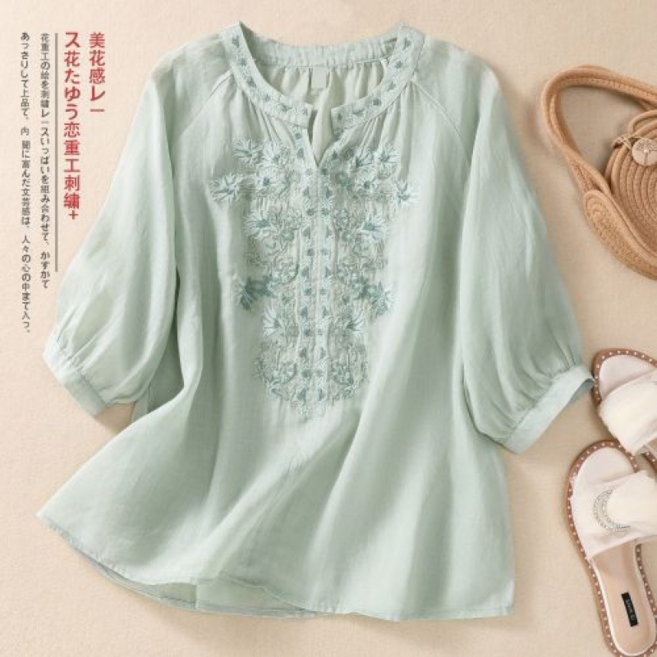 復古棉麻刺繡襯衫女夏季V領七分袖上衣