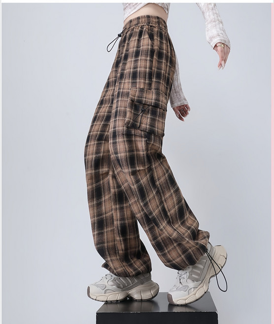 JBHLZXCP 여성 카고팬츠 체크팬츠 여자 체크바지 골프카고바지 루즈핏 하이웨스트바지 와이드핏 골프조거팬츠 얇은 캐주얼 와이드팬츠 편한 허리밴딩 스트링 통바지