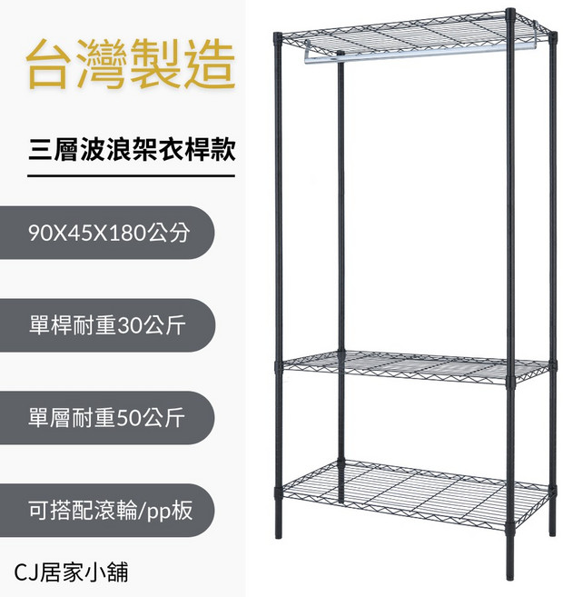 台灣製 45X90公分 鐵力士架 鐵架 開放式衣櫃, 3層衣桿款波浪架+PP板*3