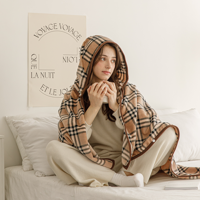 클래식 후드담요 145X95 똑딱이 망토 담요 극세사 입는