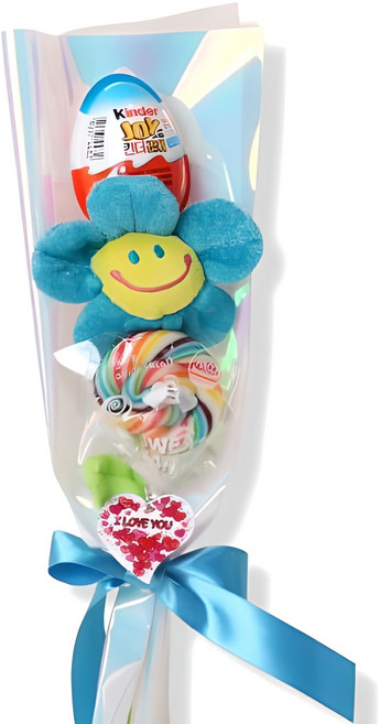 오로라 사탕 & 킨더조이 스마일 인형 꽃다발 학예회 재롱잔치 유치원 졸업식 어린이집 졸업 발표회, 블루(킨더 남아)