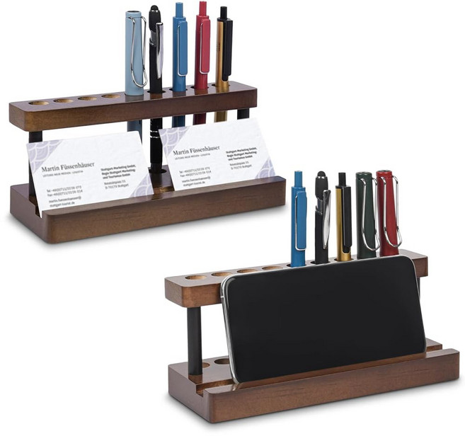 만년필 홀더 파우치 펜슬통 보관함 책상용 나무 펜 홀더 9개의 슬롯과 휴대폰 홀더가 있는 세련된 사무용 책상 장식 정리함 가정용 정리함, 2 Pcs