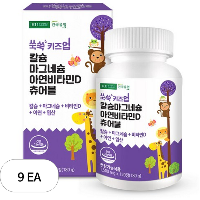 건국유업 유아용 쑥쑥 키즈업 칼슘 마그네슘 아연 비타민D 츄어블 180g, 120정, 9개