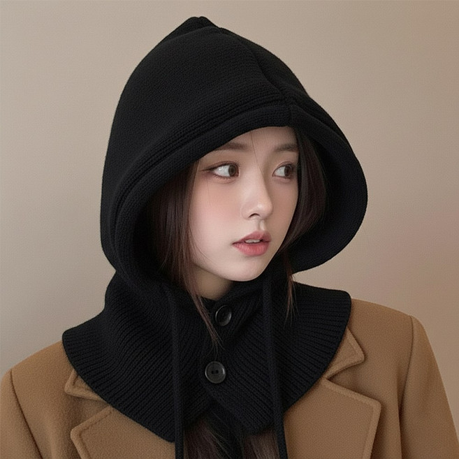 데니벨 니트 바라클라바 캐시미어 후드 넥워머, 블랙, 1개