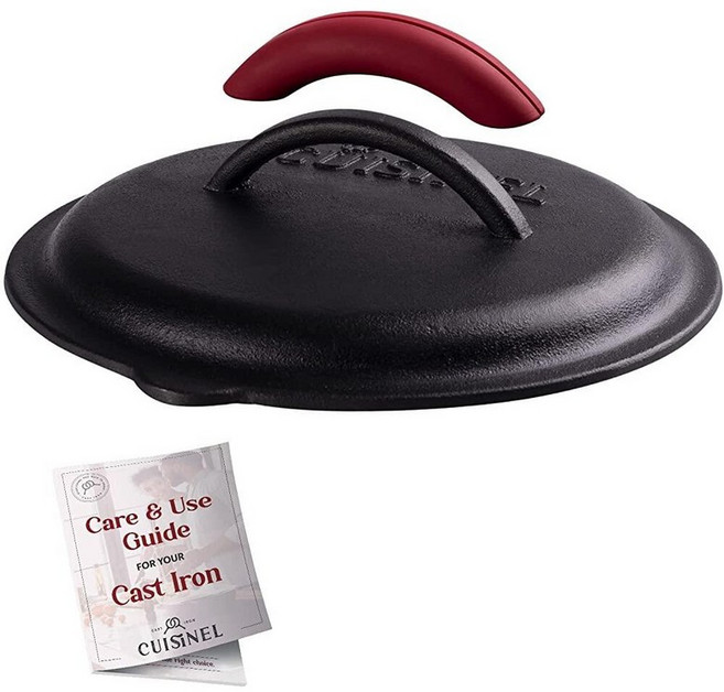 Cuisinel 주철 뚜껑 - 20.3cm(8인치) / 20.32cm 롯지 프라이팬 프라이팬 또는 브레이저에 적합 + 실리콘 핸들 홀더 + 관리 가이드 - 미리 시즈닝된 교체