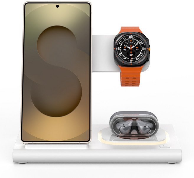 3in1 접이식 무선충전기 갤럭시 S25울트라/S24 워치울트라/7/6 버즈2 프로 호환, 하얀색, 1개