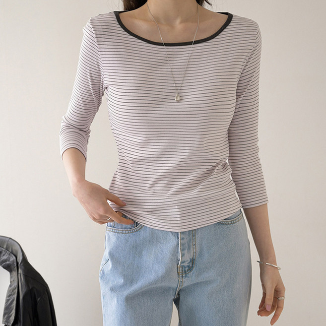 데일리앤 코어 여성 7부 티 코튼 보트넥 단가라 티셔츠 봄 골지 기본 이너티