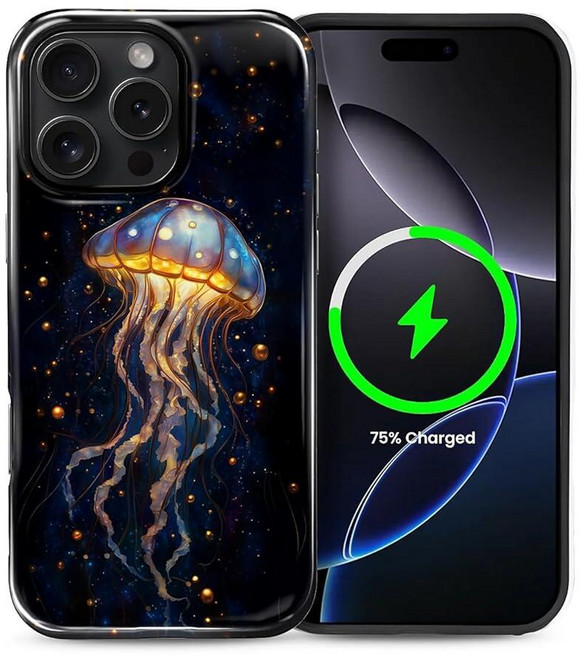 Flivro 아이폰 16 프로용 마그네틱 케이스 Magsafe PC 하드 쉘 실리콘 내부 범퍼 긁힘 방지 풀 바디 커버 충격 슬림 디자인 재미있는 동물 상어, iPhone 16 Pro, 독특한 스테인드 글라스 해파리