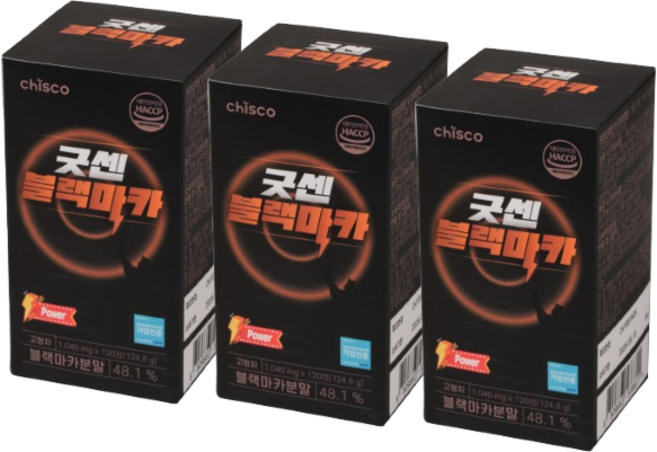 흑마늘 블랙마카 굿센 치스코 100% 페루산 야관문 아르기닌 아연 해조칼슘 남성 활력 식약처 HACCP 인증, 3개, 120정