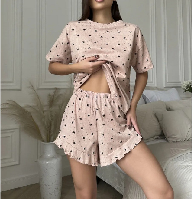 미마이셀프 봄 여름 크라운 프릴 여성 투피스 잠옷 반팔 세트 빅사이즈 가능