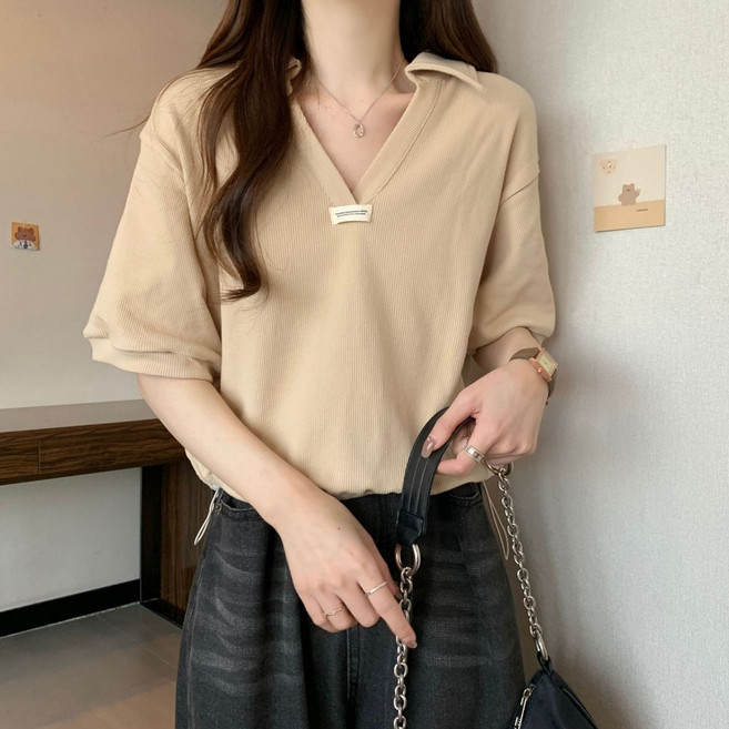 短袖 T恤 女 夏 寬鬆顯瘦V領短版上衣