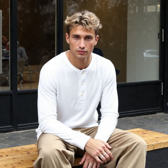 [펜타온] 와플조직 3버튼 스탠다드 아미핏 긴팔 라운드 티셔츠