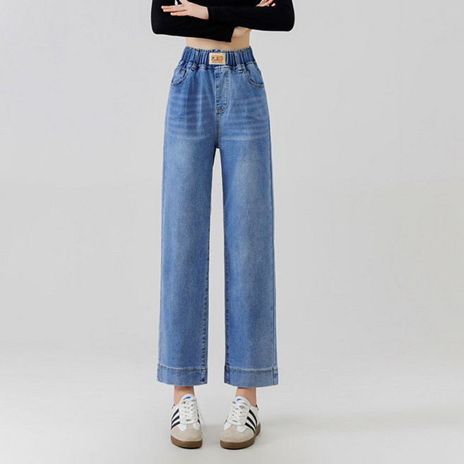 Makone 여성 허리밴딩 일자 9부 청바지 봄여름 하이웨스트 스트레이트 루즈핏 워싱 데님 패츠