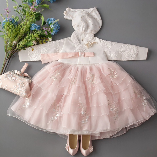 루아한복 여아 드레스 한복 로제 분홍(1-12호)레이스 돌 잔치 행사 대회 사진