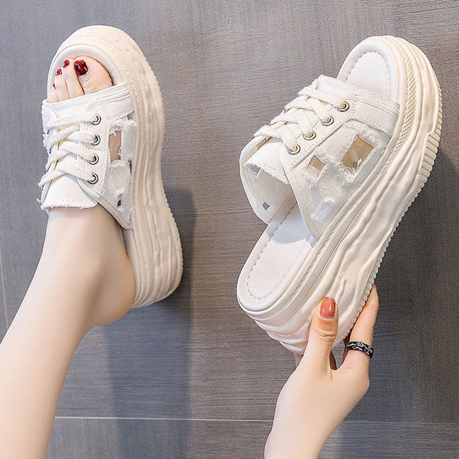 꽃소담 7.5cm 키높이 펀칭 여름 슬립온 통굽 슬리퍼 웨지 슬리퍼 HZHF29