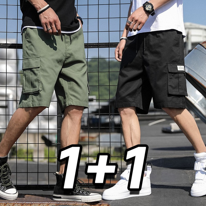 1+1 2장세트 남자 여름 카고 반바지 밴딩 캐주얼 5부 바지 빅사이즈 편안한 포켓 반바지