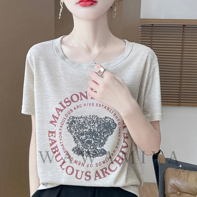 가벼운 럭셔리 프린트 반팔 라운드 티셔츠 여성 여름 반팔티 시원한 여자여름티셔츠 WAWAMIYA