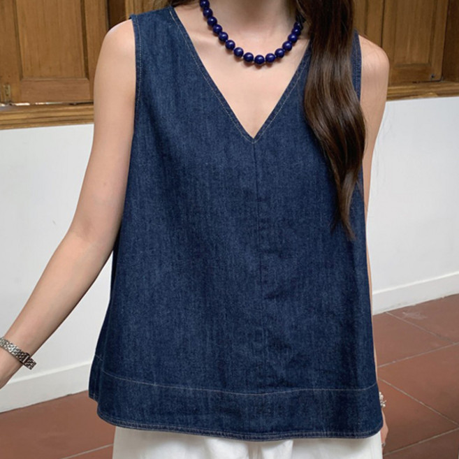 유니온 브이넥 루즈핏 데님 민소매 나시티