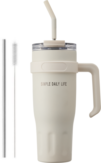 허니앤버니 텀블러 대용량 스텐 보온 보냉 차량용 빨대 손잡이, 1개, 1100ml, 크림 화이트