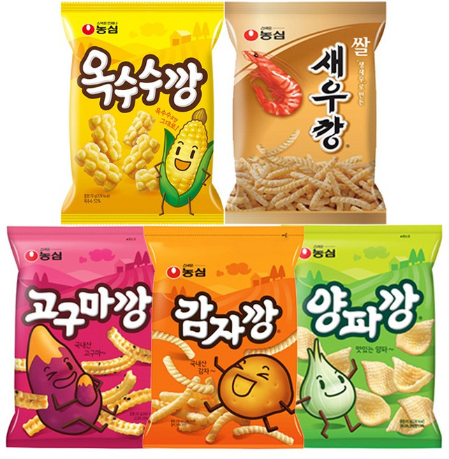 농심 감자깡+쌀새우깡+옥수수깡+양파깡+고구마깡 깡모음 2봉씩 과자세트(10봉), 묶음_23번, 1개, 70g