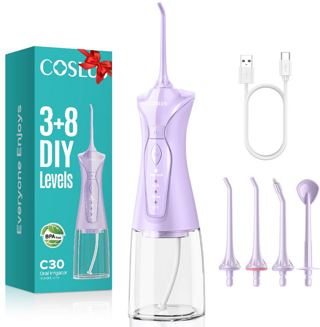 코슬루스 3+8 모드 무선 구강세정기 IPX7 급방수 + 4개노즐팁, 퍼플