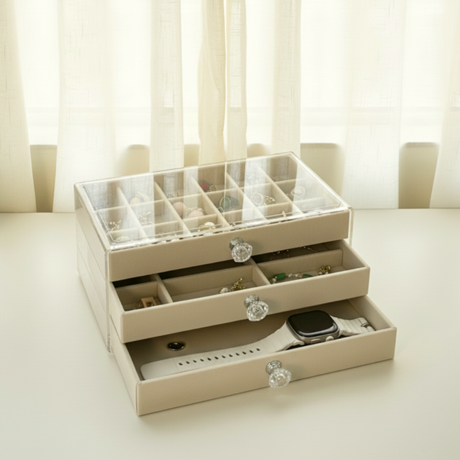 고퀄 대용량 3단 투명 악세사리 수납함, 1개, 아이보리