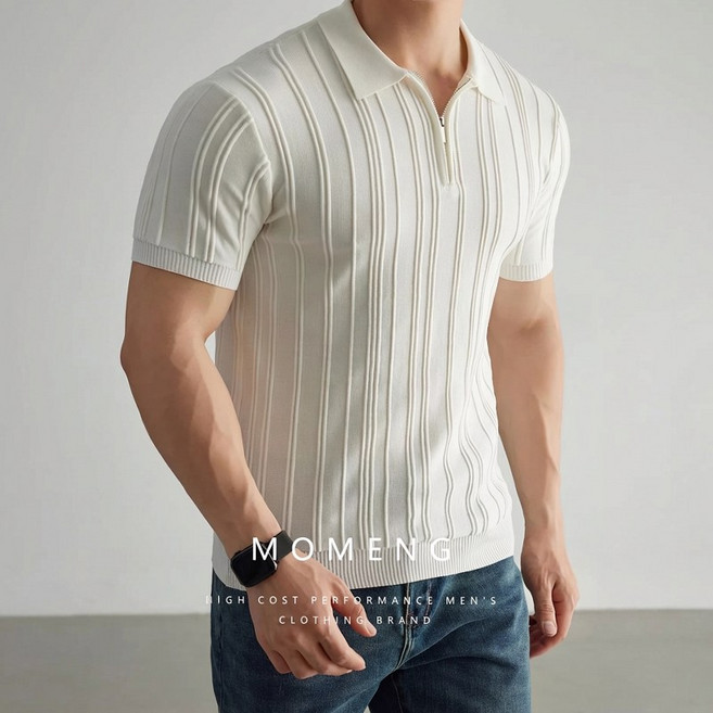 ANYOU 남성 여름 슬림핏 스트라이프 니트 베이직 반팔 티셔츠