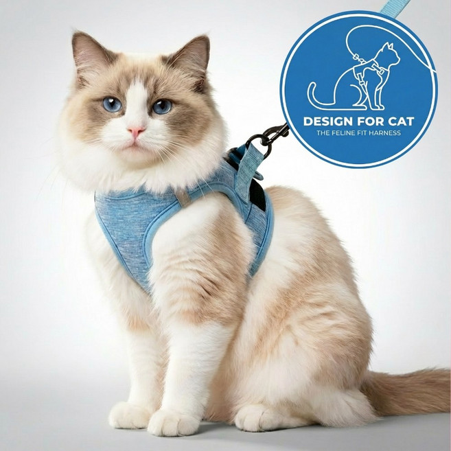 소풍일상 이탈방지 편안한 고양이 캣 하네스 목줄 리드줄 세트, 1개, 블루