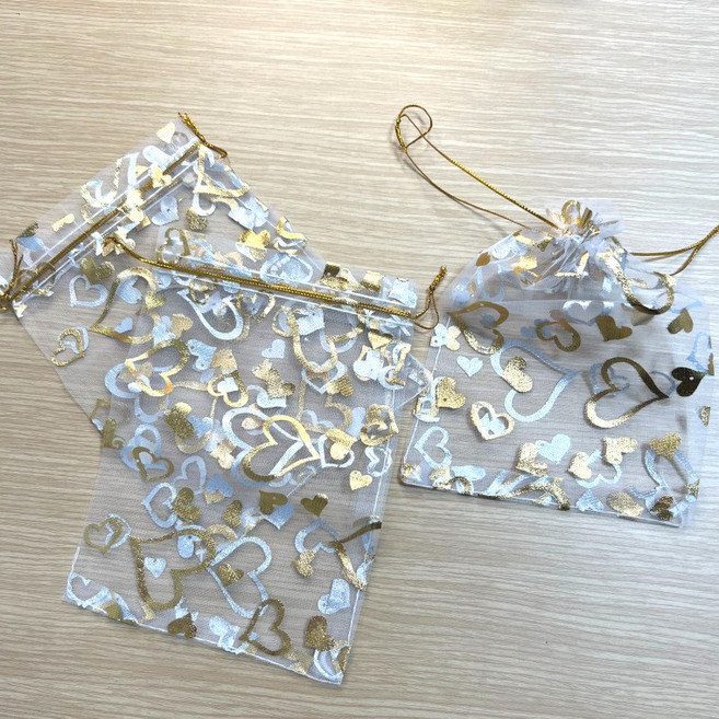 13x18cm 50개 선물 포장 망사 골드 하트 부직포 주머니, 1세트