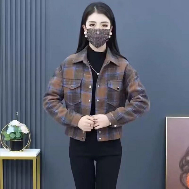ROYALBELLE 여성 카라넥 체크무늬 숏 모직 재킷 루즈핏 데일리 기본핏 보온 자켓 V011123