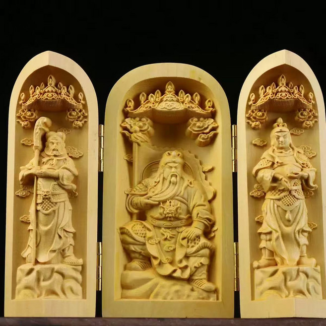 小葉黃楊木雕刻佛像擺件 三開盒工藝, 武財神關公