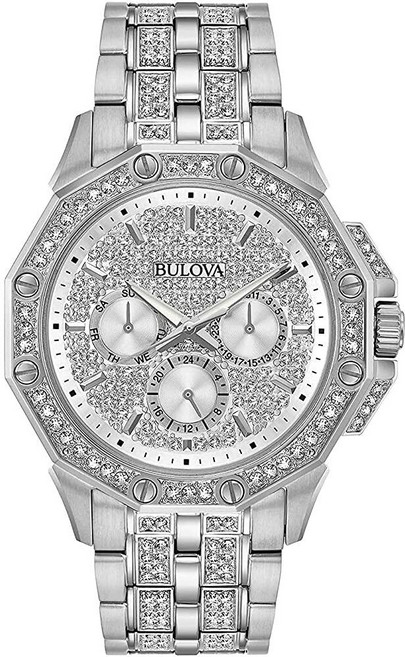 Bulova 남성용 크리스탈 옥타바 크로노그래프 쿼츠 시계 파베 크리스탈 다이얼 스테인리스 스틸 크리스탈 쿼츠 실버톤 스테인리스 스틸 팔찌 크리스탈