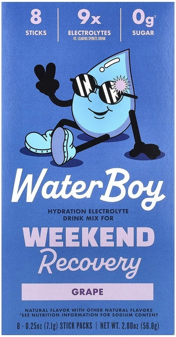 효과가 좋은 Waterboy 주말 회복 수분 공급 전해질 드링크 믹스 포도 맛 스틱팩 8개 각 7.1g(0.25oz) 최저가격, Waterboy주말회복수분공급전해질드링크믹스포도맛스틱팩 - 쿠팡