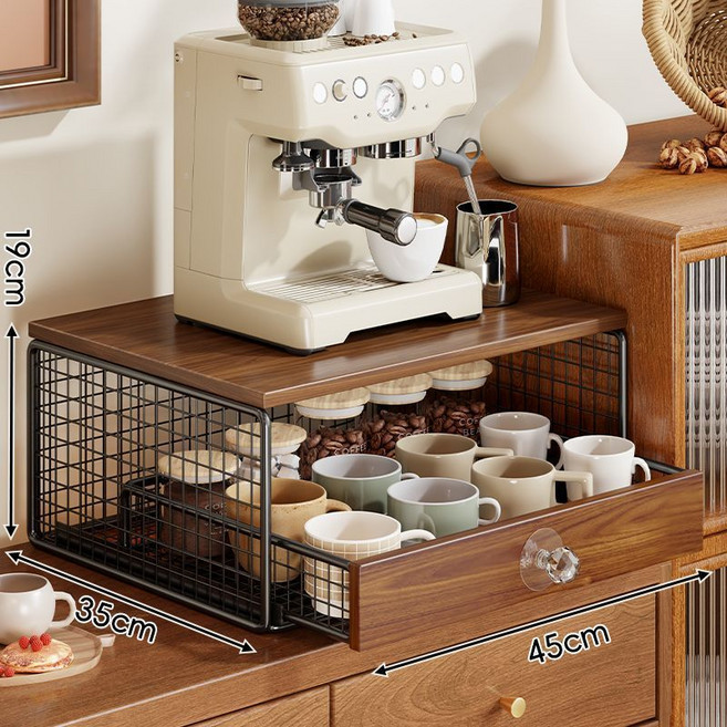 抽拉置物架 咖啡機收納架 茶包膠囊儲物盒 附抽屜 桌面陳列架, 黑色-咖啡機置物架, 1個