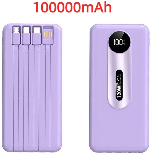120W 모바일 전원 은행 초고속 충전 디지털 디스플레이 배터리 대용량 iPhone에 적합 Samsung Huawei XIAOM, 01 purple 100000mA