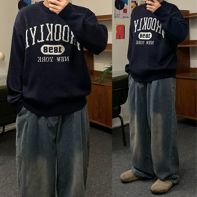 르위 오버핏 레터링 긴팔 니트 라운드 빅사이즈 가을 겨울 남녀공용