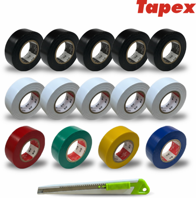 서통테이프 UL인증 PVC 심플 전기 절연 사계절 전기테이프 흑색5개+백색5개+칼라4개 세트 커터칼 포함, 14개