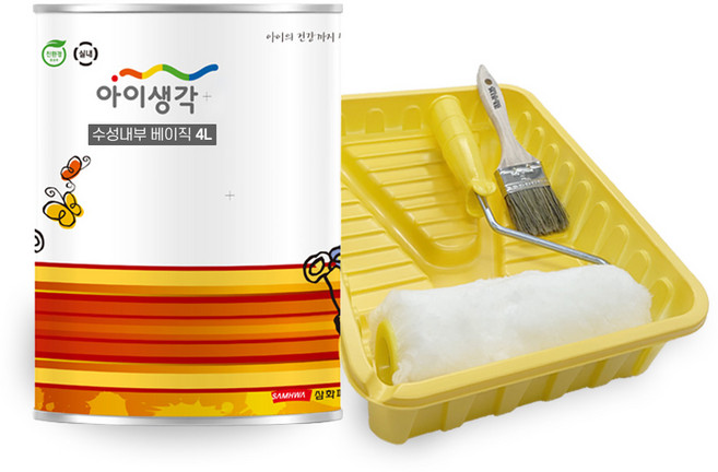 삼화페인트 아이생각 친환경 페인트 벽지 수성 내부 롤러7인치 붓 트레이세트, 1세트, 4L, 화이트