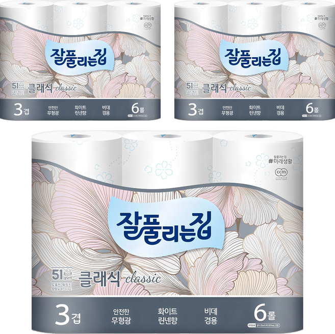잘풀리는집 더 도톰한 3겹 퀄팅 롤화장지 25 m, 25m, 6롤, 3개
