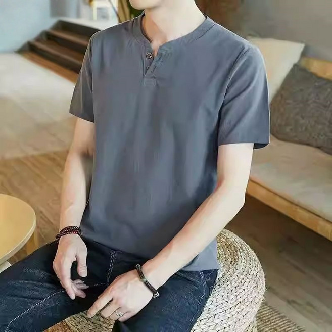 삼제태전 남성 여름 반팔 V넥 린넨 티셔츠 부드럽고 심플한 일상복