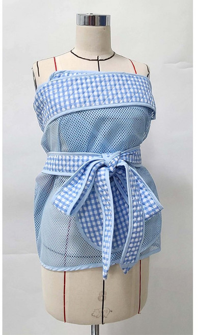 [알짜맘] 간편하고 시원한 일자형5부 망사포대기, 체크블루