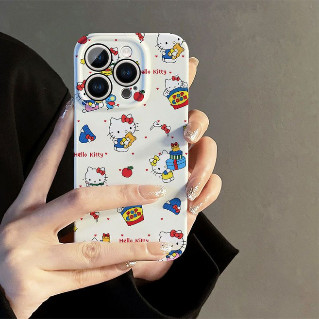 화이트 즐거운 키티 고양이 갤럭시 S22/S23/S24 /S25 렌즈풀커버 핸드폰 케이스