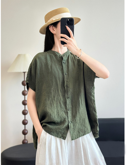 立領棉麻短袖寬鬆襯衫上衣 夏季新款純色大碼女裝