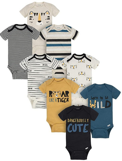 Onesies Brand 남아용 8팩 반소매 믹스 앤 매치 바디수트 위험하고 귀여운 호랑이 12개월