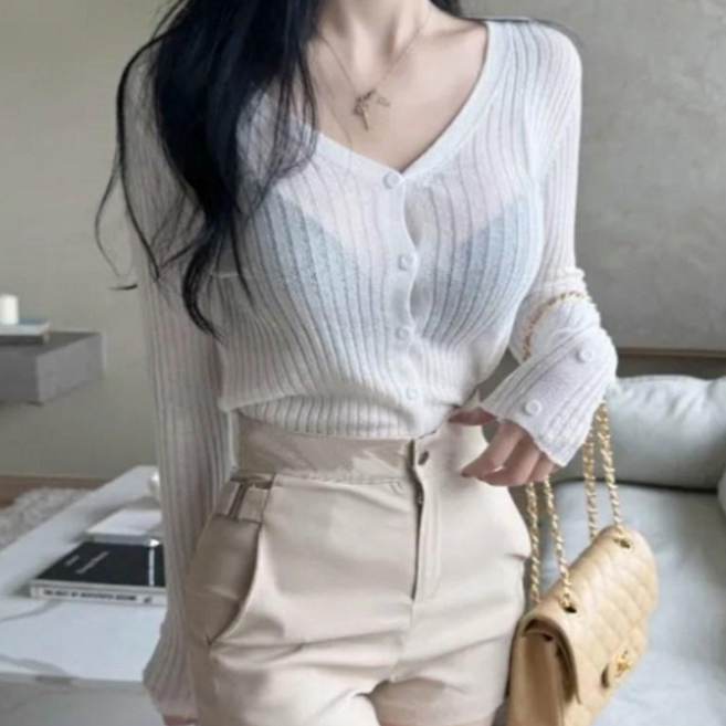 아이엠몽 여성 시스루 골지 슬림 긴팔 가디건