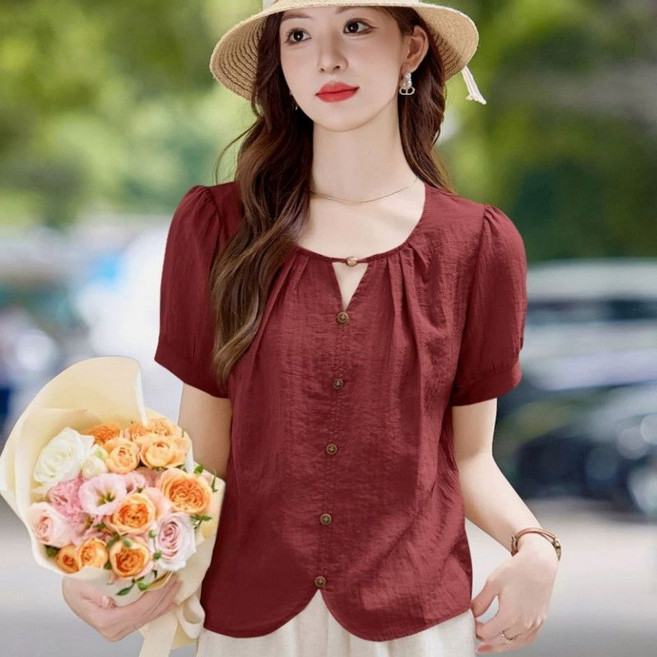 메인워크 중년 여성 빅사이즈 린넨 반팔 티셔츠 여름 냉장고 엄마룩 면마 솔리드 심플 라운드 셔츠 블라우스 기질 쿨링 루즈핏 패션 상의
