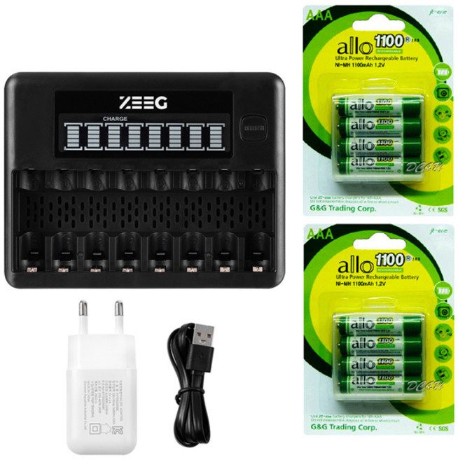 지그 스마트 8구 AA AAA 충전기 + ALLO 충전지 세트, 지그 8구 충전기+AAA(작은거)충전지 8알 세트, 1개