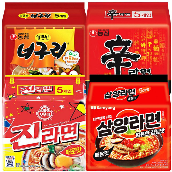 매운 라면 4종 (농심_너구리얼큰한맛5 신라면5 삼양라면매운맛5 오뚜기_진라면매운맛5), 1세트