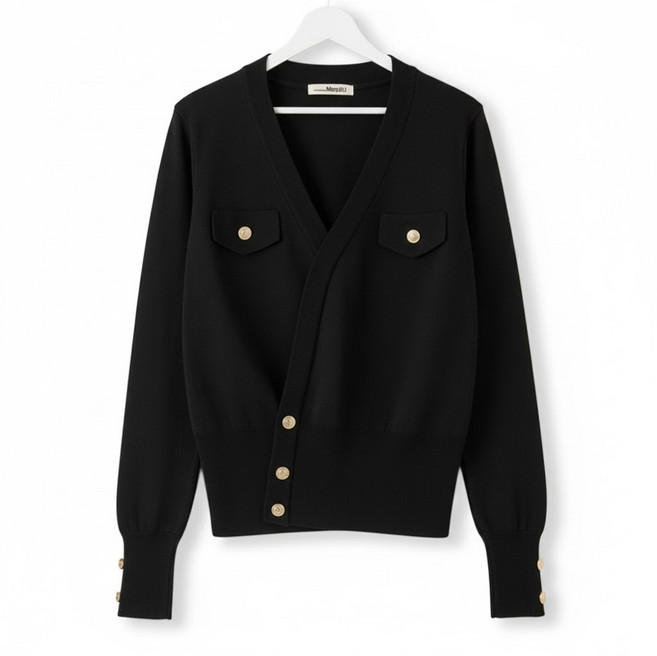 메리앤유 골드 버튼 디테일 랩 스타일 브이넥 니트